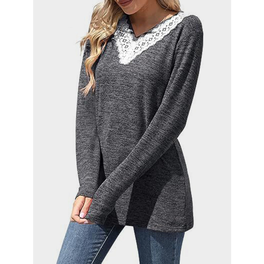 Lace Detail V-Neck Long Sleeve T-Shirt Dark Gray / S Apparel and Accessories