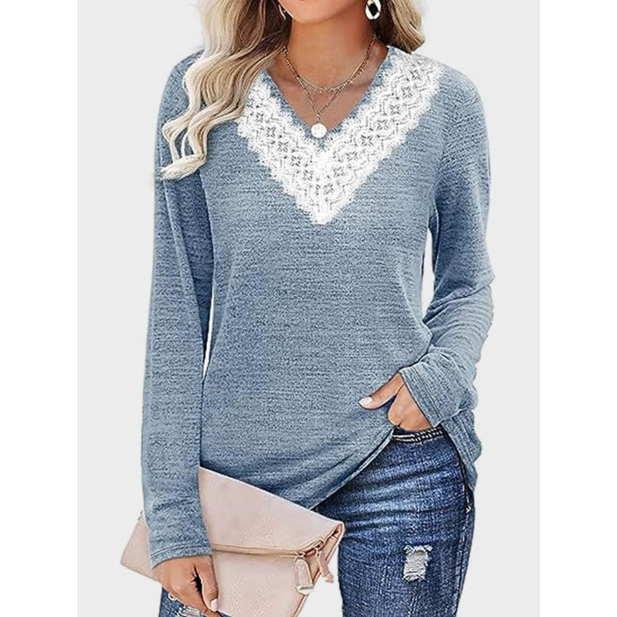 Lace Detail V-Neck Long Sleeve T-Shirt Light Blue / S Apparel and Accessories