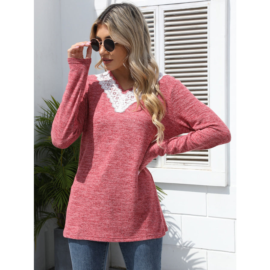 Lace Detail V-Neck Long Sleeve T-Shirt Rose Pink / S Apparel and Accessories