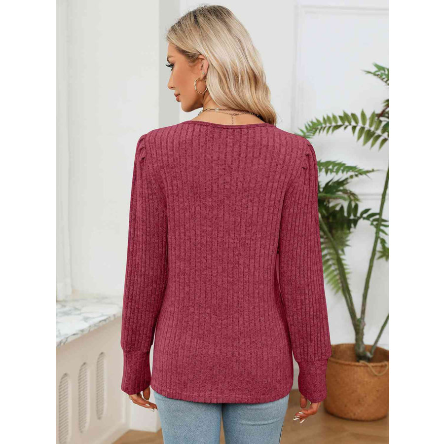 Lace Detail V-Neck Ribbed Blouse