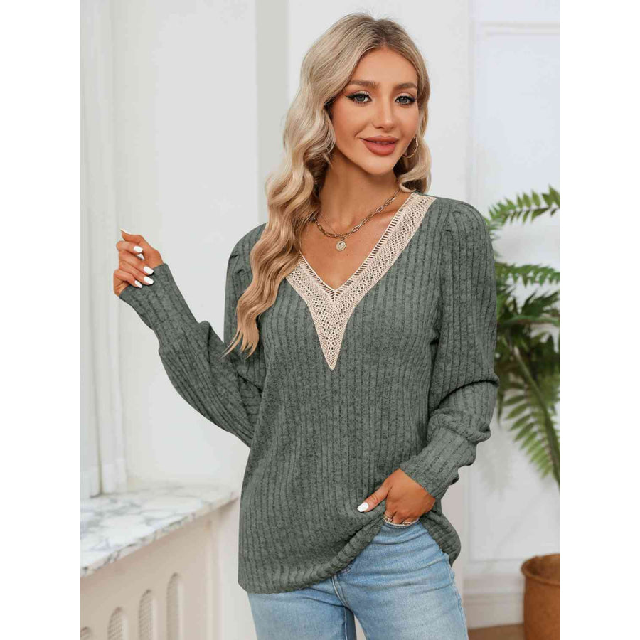 Lace Detail V-Neck Ribbed Blouse