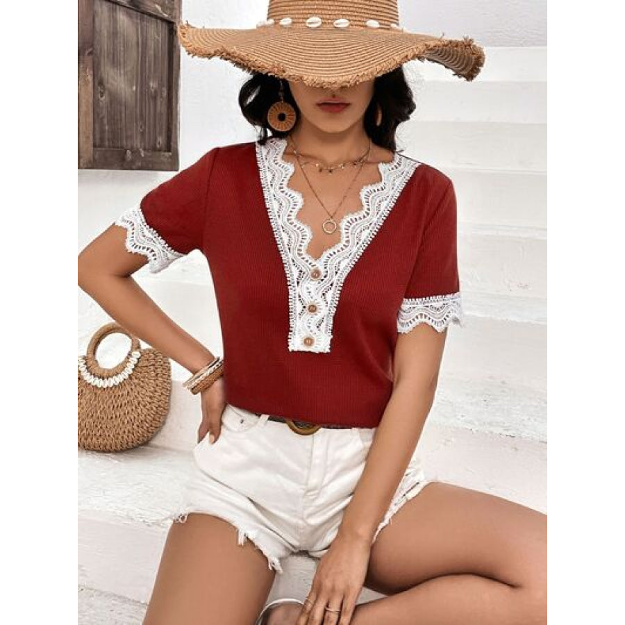 Lace Detail V - Neck Short Sleeve T - Shirt Wine / S Apparel and Accessories