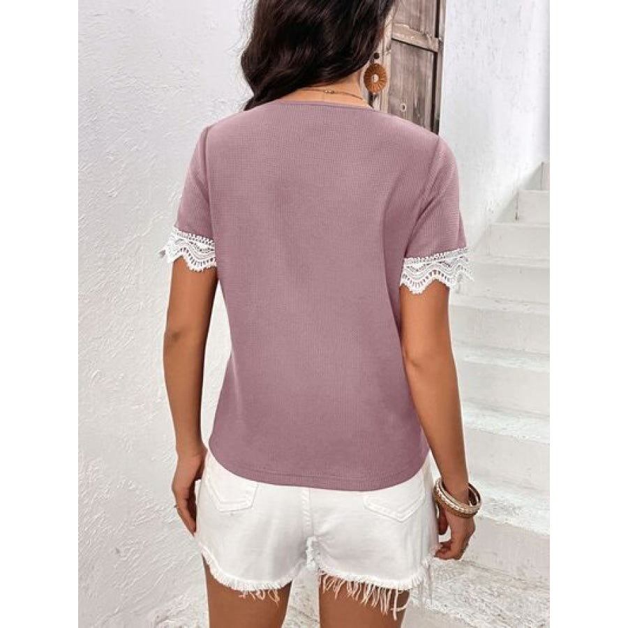 Lace Detail V - Neck Short Sleeve T - Shirt Apparel and Accessories