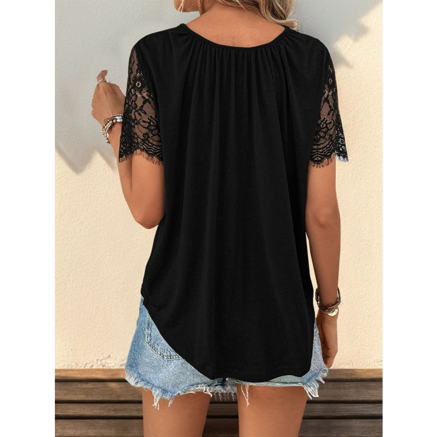Lace Detail V-Neck Short Sleeve T-Shirt Apparel and Accessories