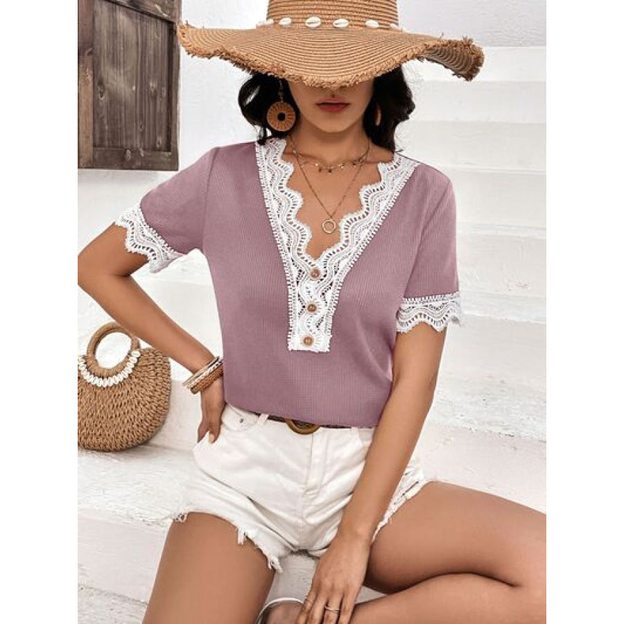Lace Detail V - Neck Short Sleeve T - Shirt Apparel and Accessories