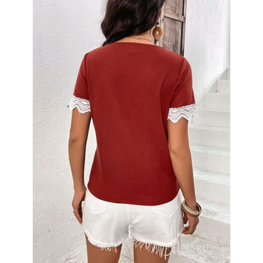 Lace Detail V - Neck Short Sleeve T - Shirt Apparel and Accessories