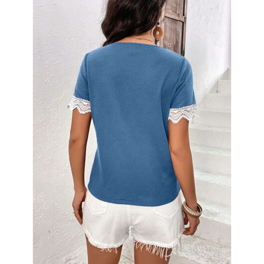 Lace Detail V - Neck Short Sleeve T - Shirt Apparel and Accessories