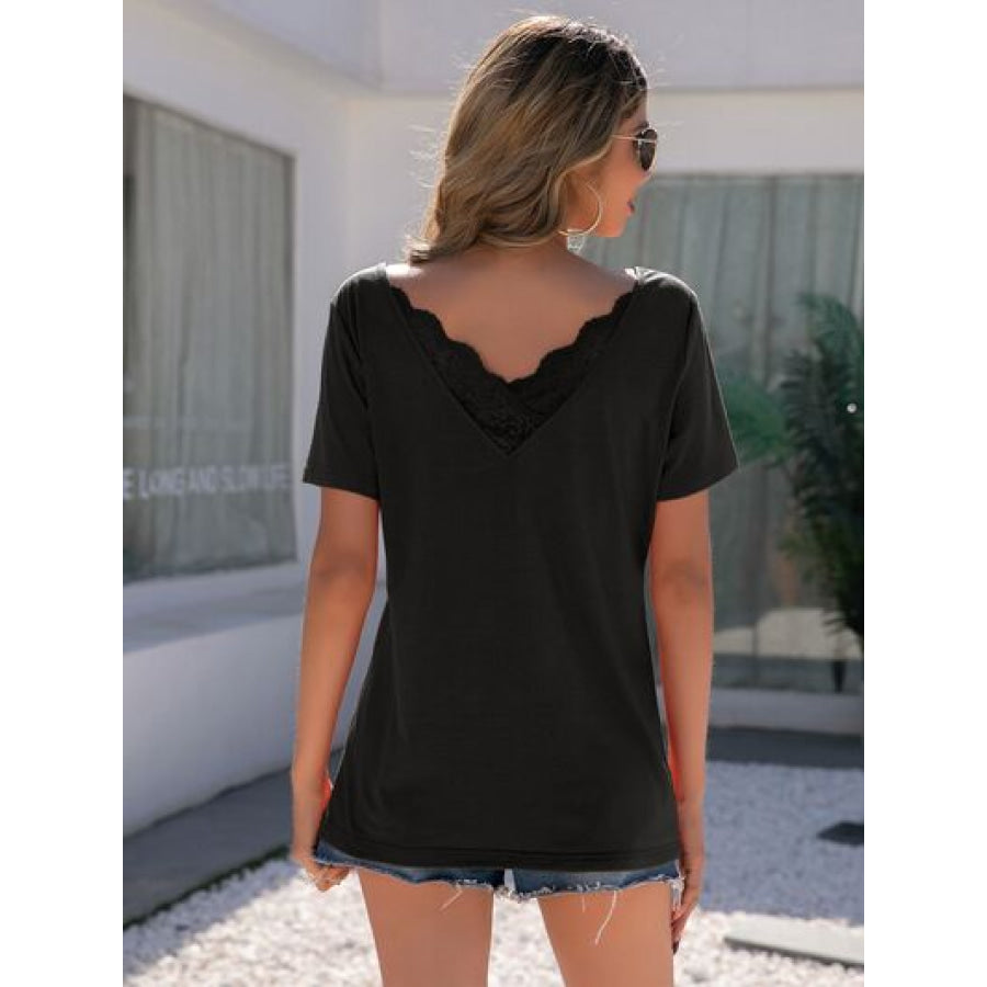 Lace Detail V - Neck Short Sleeve T - Shirt Apparel and Accessories