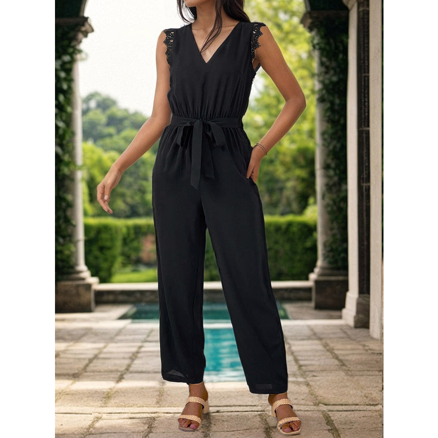 Lace Detail V-Neck Sleeveless Jumpsuit Apparel and Accessories