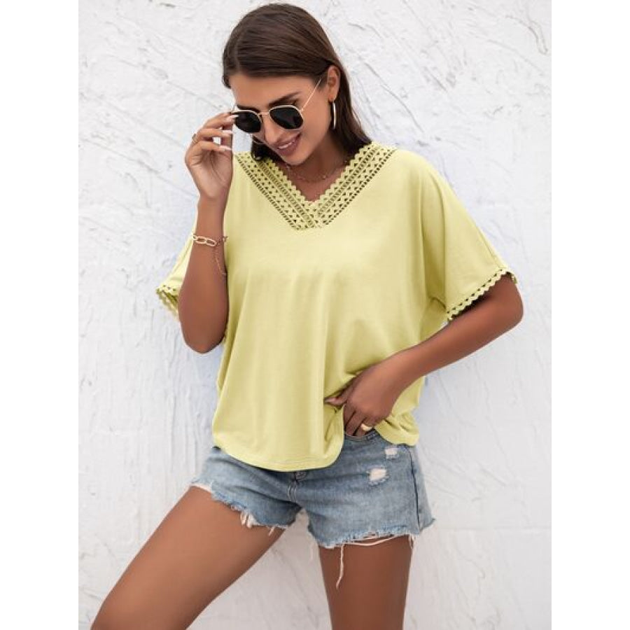 Lace Detail V - Neck T - Shirt Butter Yellow / S Apparel and Accessories