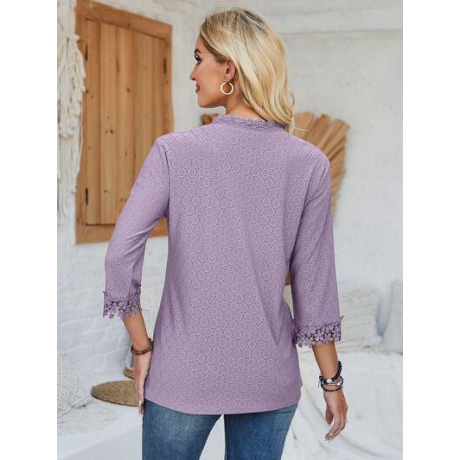 Lace Detail V - Neck Three - Quarter Sleeve Blouse Apparel and Accessories