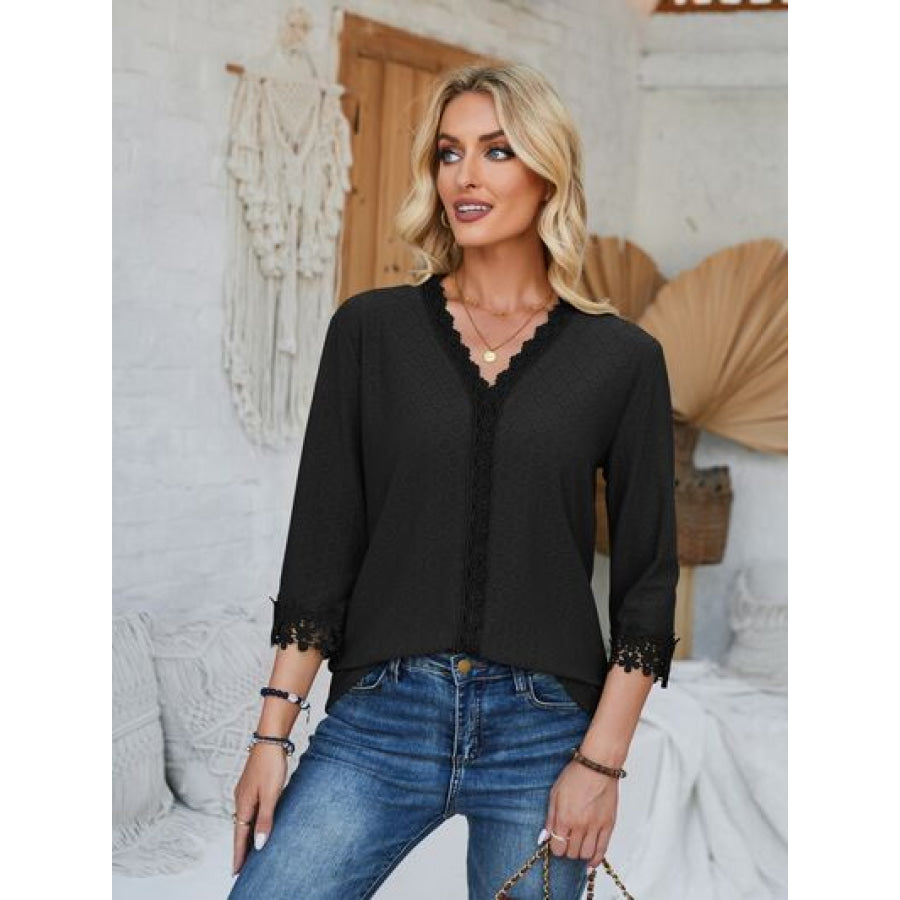 Lace Detail V - Neck Three - Quarter Sleeve Blouse Apparel and Accessories