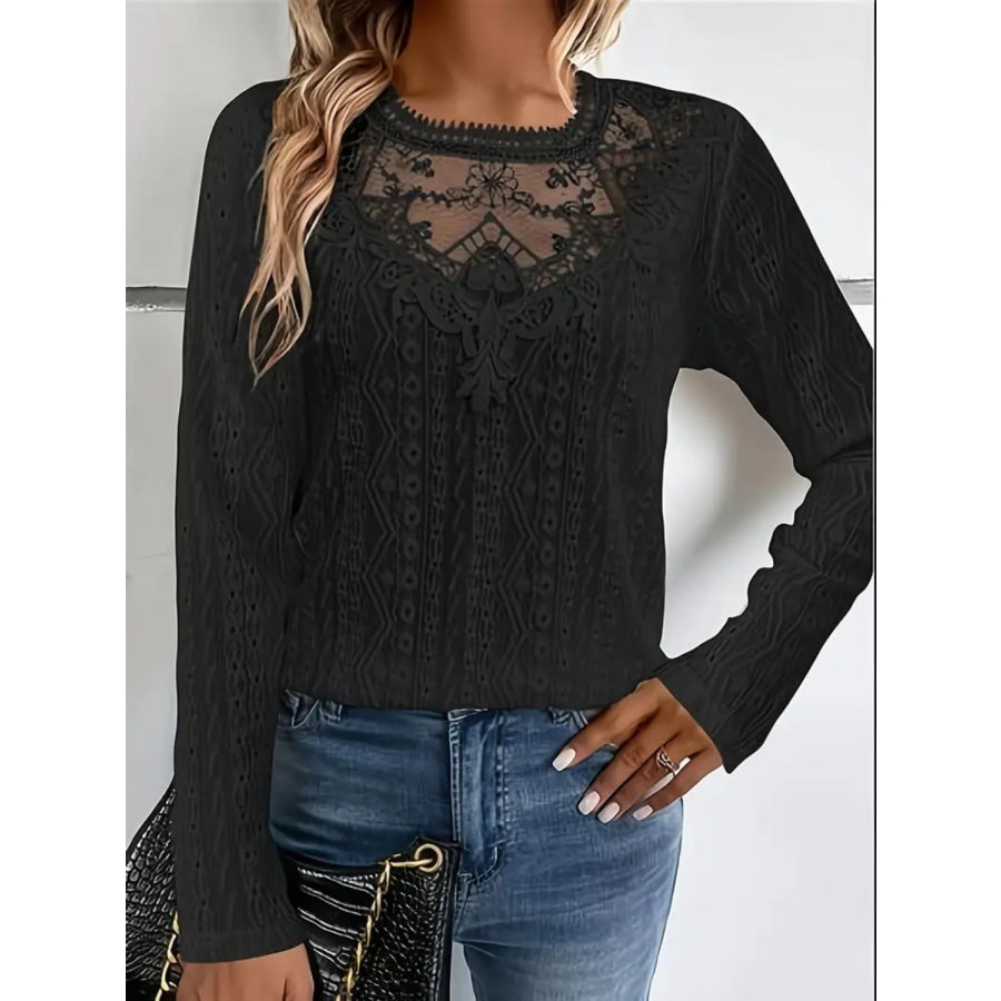 Lace Eyelet Long Sleeve Top Black / S Apparel and Accessories