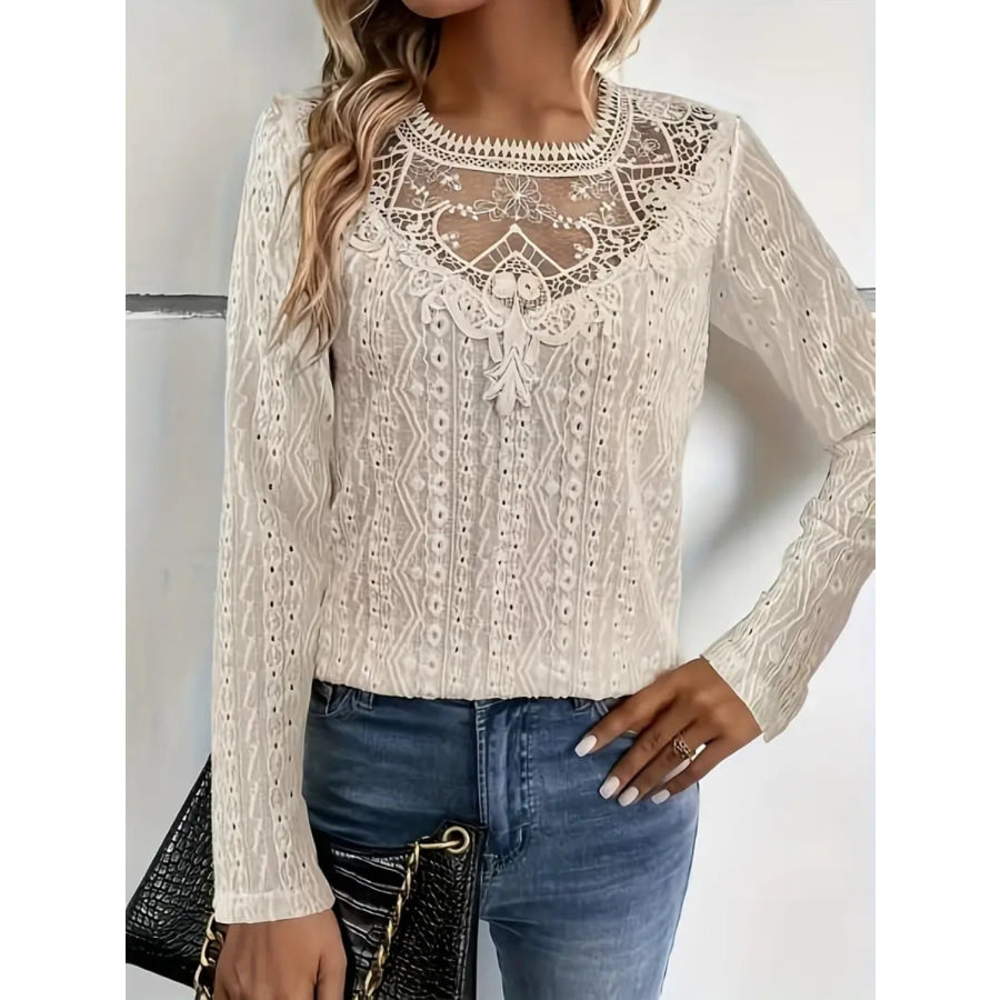 Lace Eyelet Long Sleeve Top Tan / S Apparel and Accessories