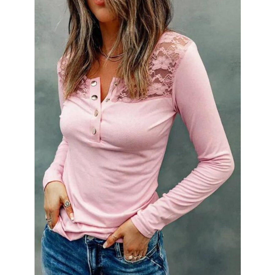 Lace Half Snap Long Sleeve T-Shirt Apparel and Accessories