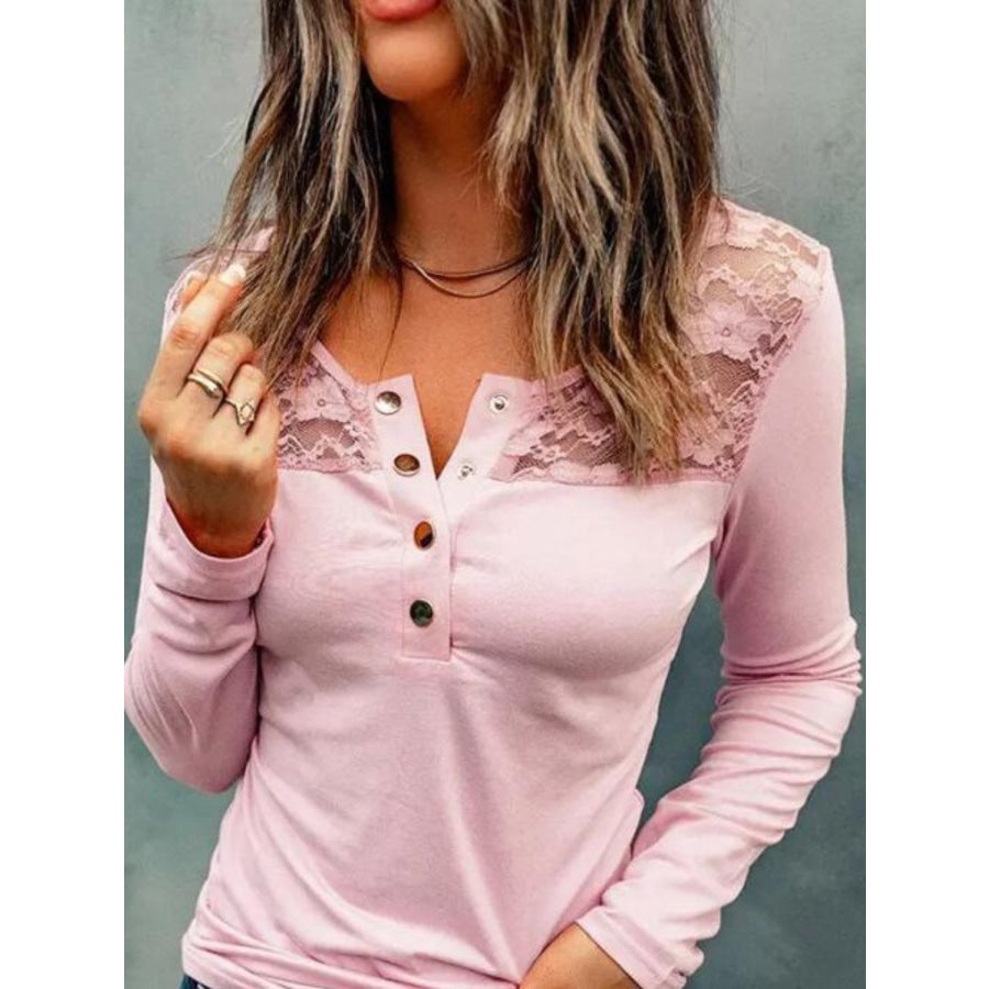 Lace Half Snap Long Sleeve T-Shirt Apparel and Accessories
