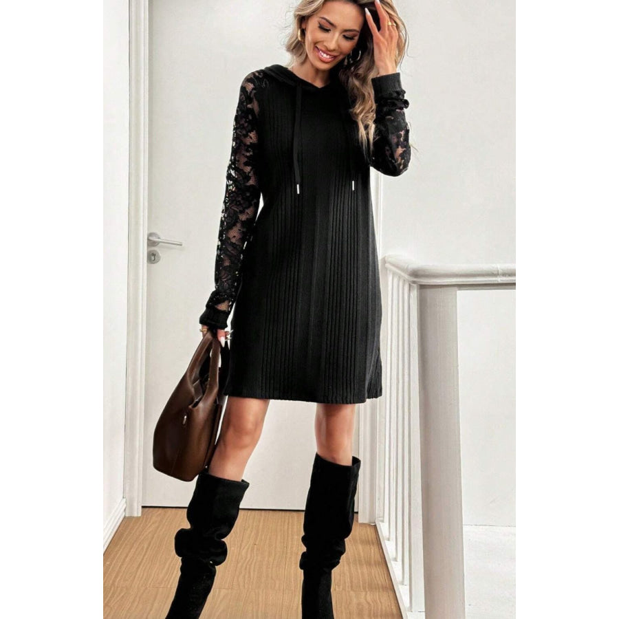 Lace Patchwork Long Sleeve Hooded Dress Apparel and Accessories