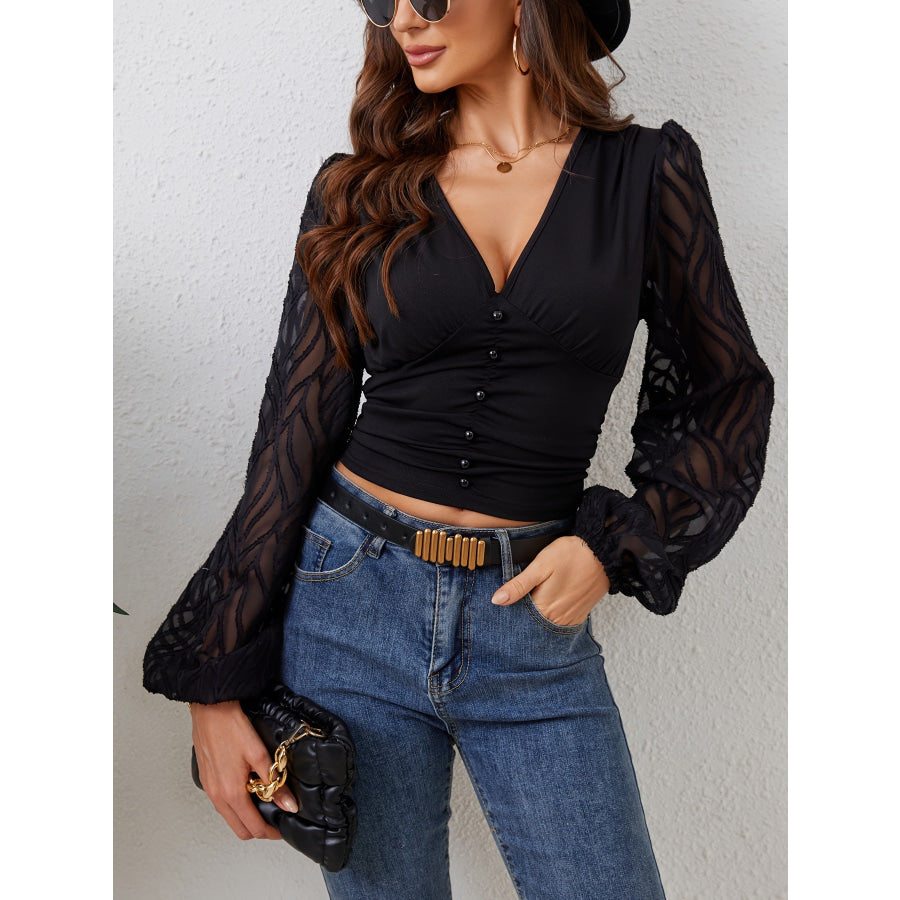 Lace Patchwork Plunge Long Sleeve Blouse Apparel and Accessories