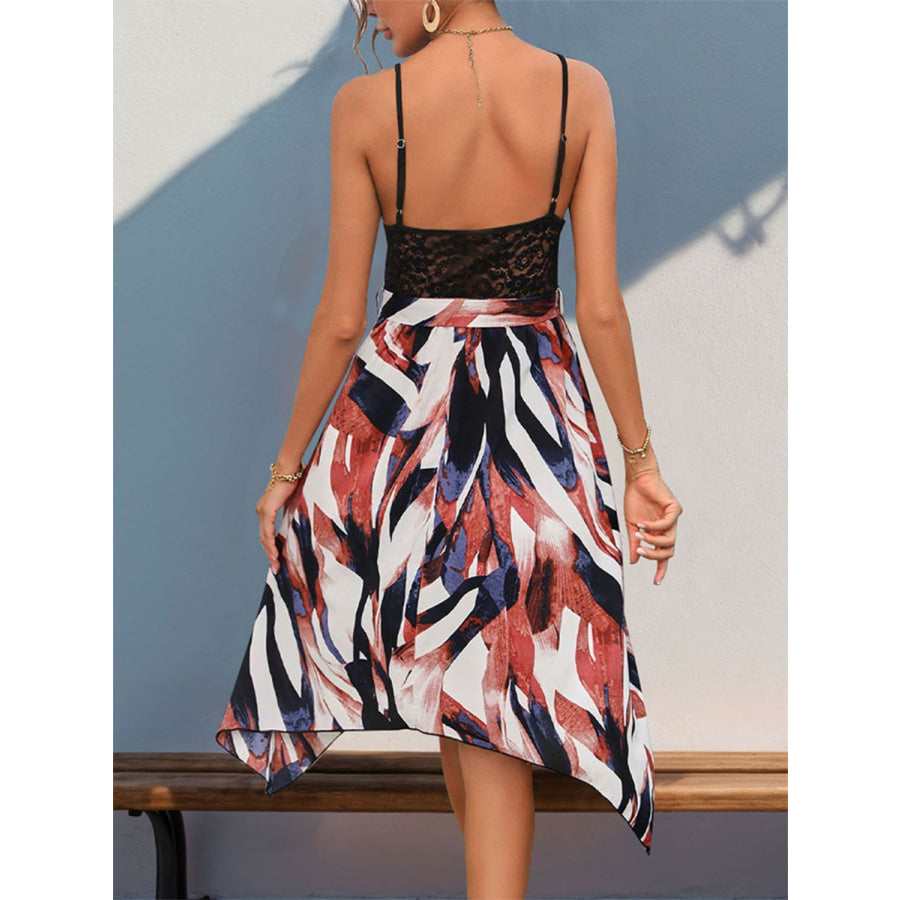 Lace Patchwork Printed V-Neck Dress Apparel and Accessories