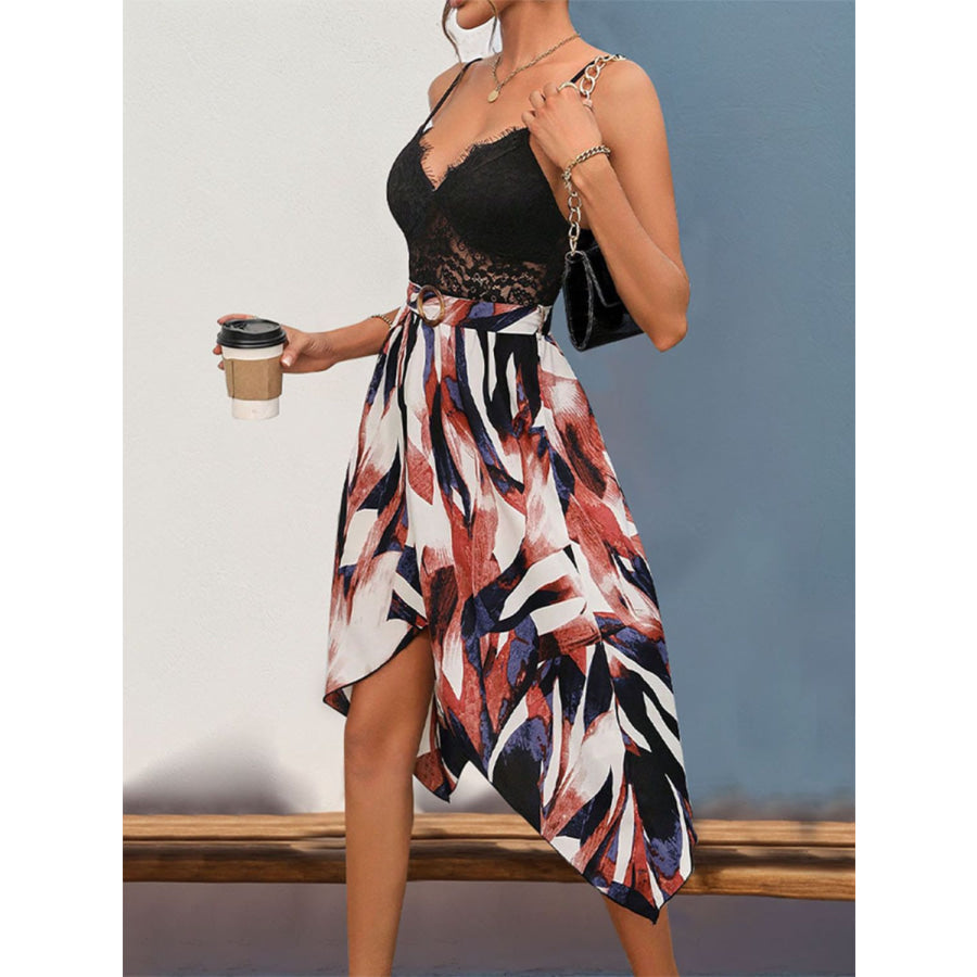 Lace Patchwork Printed V-Neck Dress Apparel and Accessories