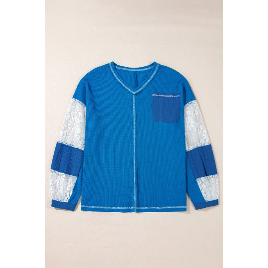 Lace Patchwork Sleeve Stitching V Neck Top Apparel and Accessories