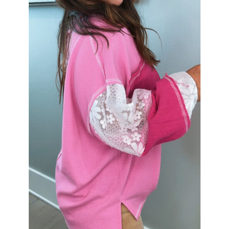 Lace Patchwork Sleeve Stitching V Neck Top Apparel and Accessories