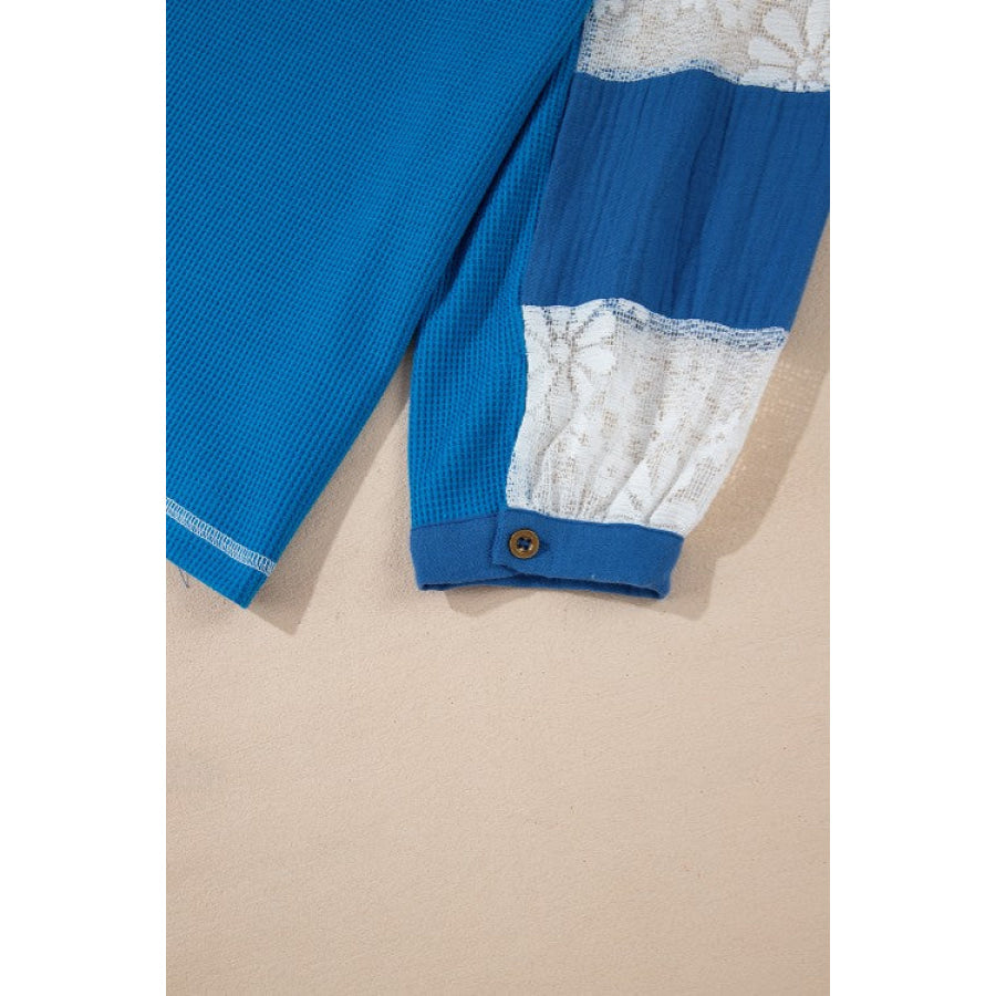 Lace Patchwork Sleeve Stitching V Neck Top Apparel and Accessories