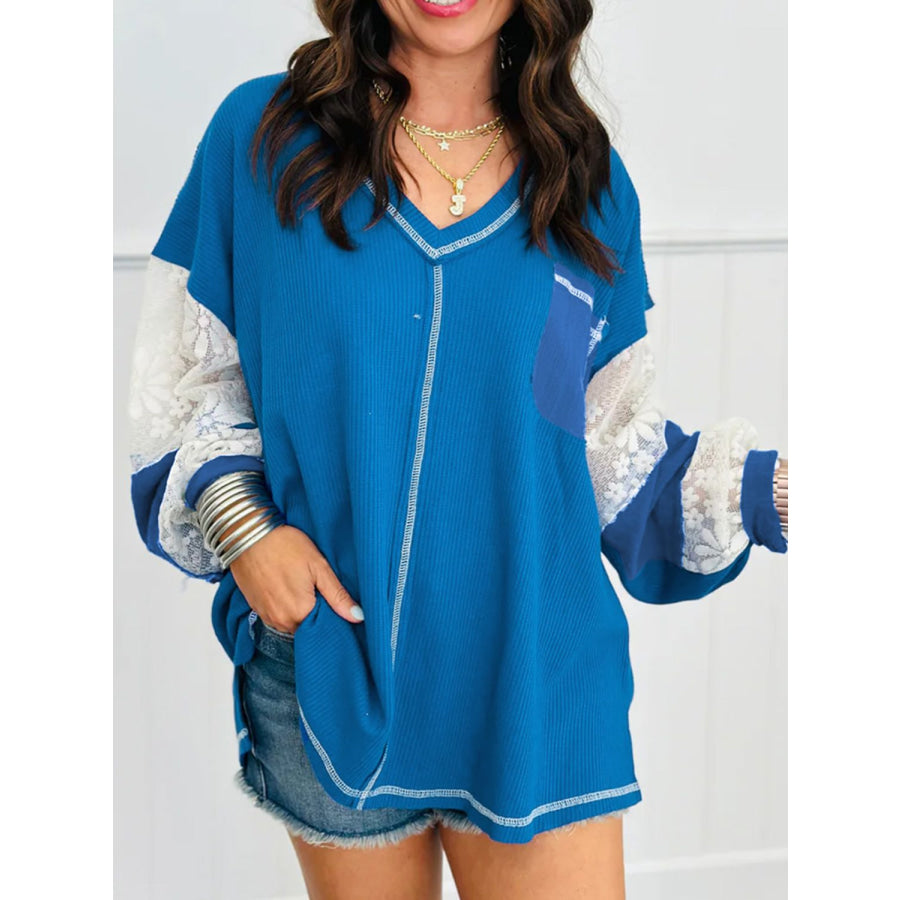 Lace Patchwork Sleeve Stitching V Neck Top Blue / S Apparel and Accessories
