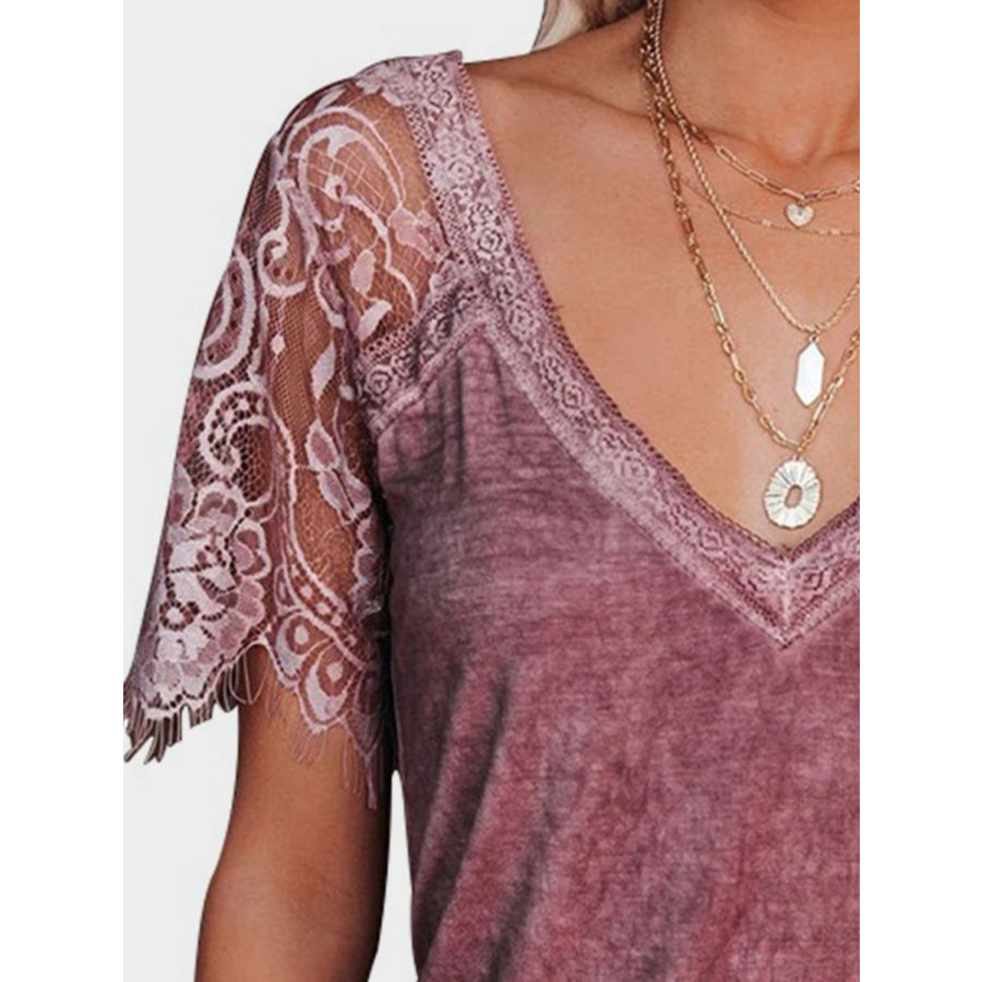 Lace Patchwork V-Neck Short Sleeve T-Shirt Apparel and Accessories
