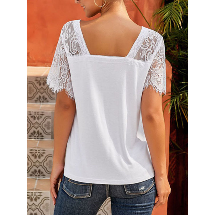 Lace Patchwork V-Neck Short Sleeve T-Shirt Apparel and Accessories