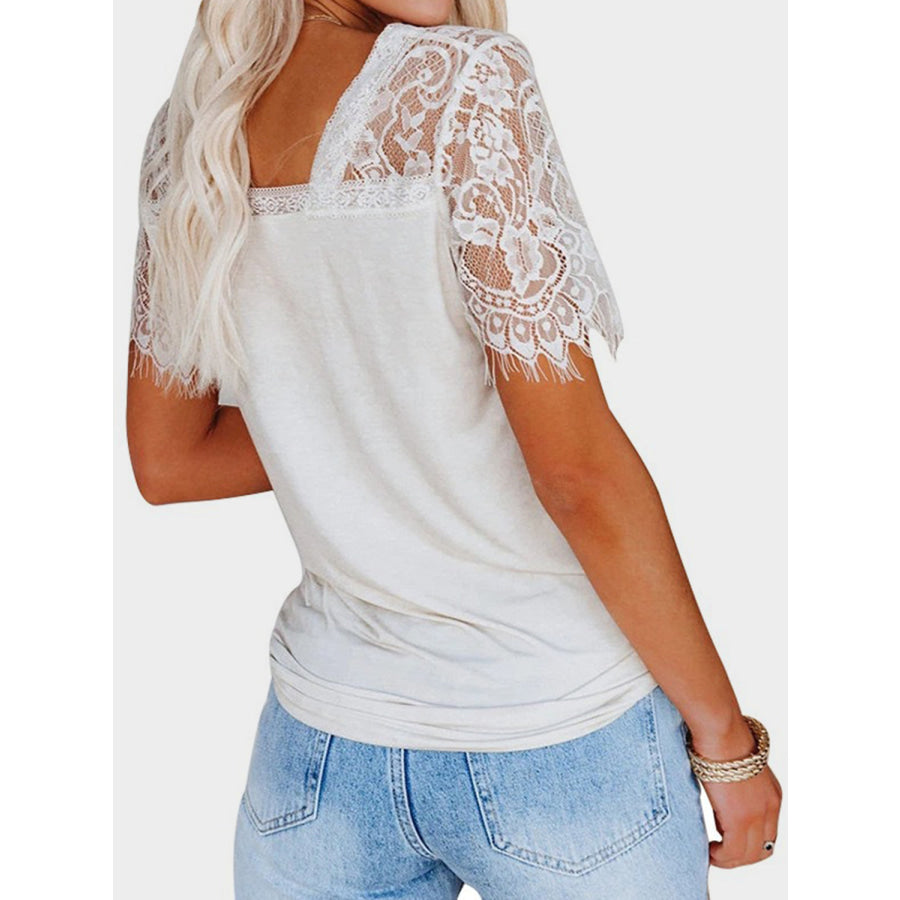 Lace Patchwork V-Neck Short Sleeve T-Shirt Apparel and Accessories