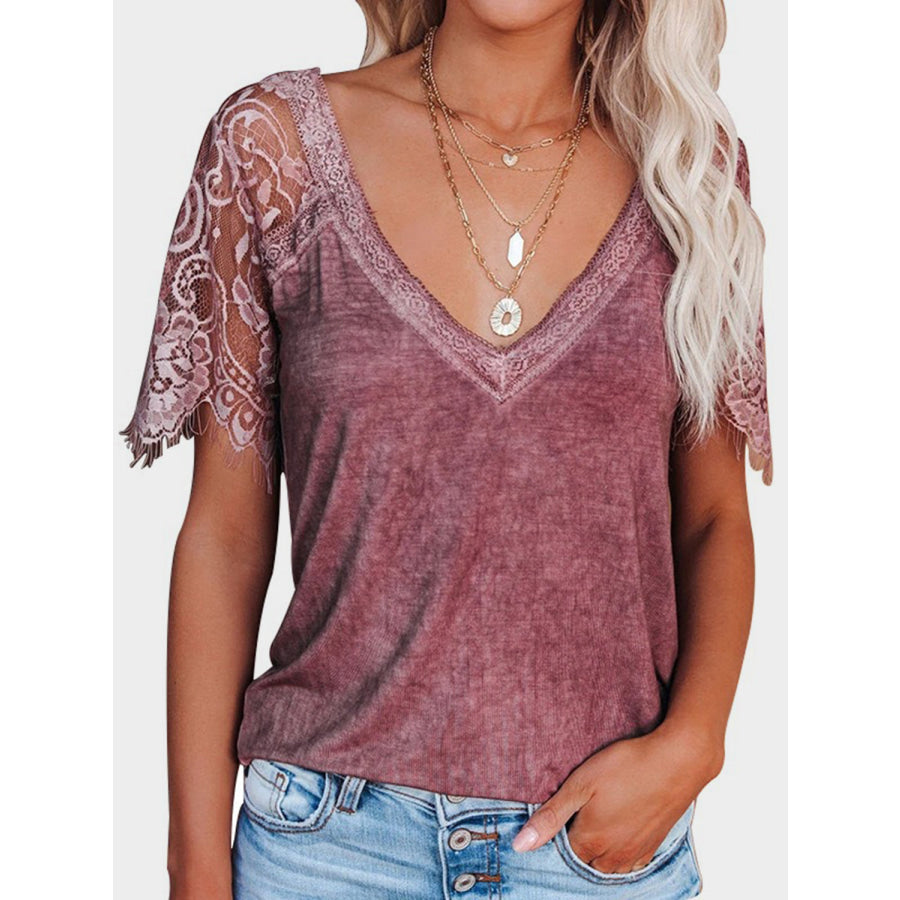 Lace Patchwork V-Neck Short Sleeve T-Shirt Moonlit Mauve / S Apparel and Accessories