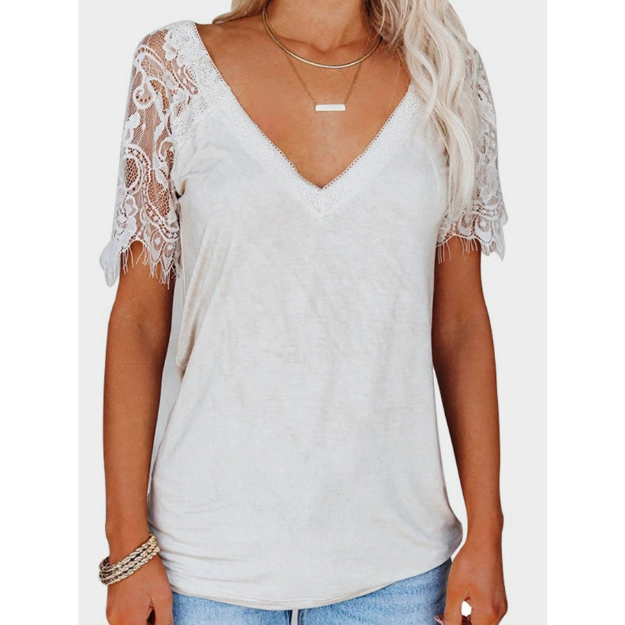 Lace Patchwork V-Neck Short Sleeve T-Shirt White / S Apparel and Accessories