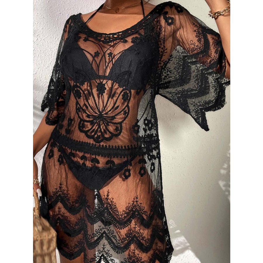 Lace Round Neck Half Sleeve Cover-Up Apparel and Accessories