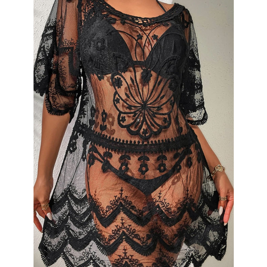 Lace Round Neck Half Sleeve Cover-Up Apparel and Accessories