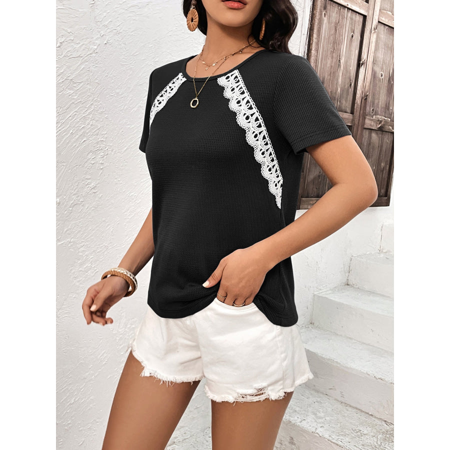 Lace Trim Contrast Waffle-Knit Top
