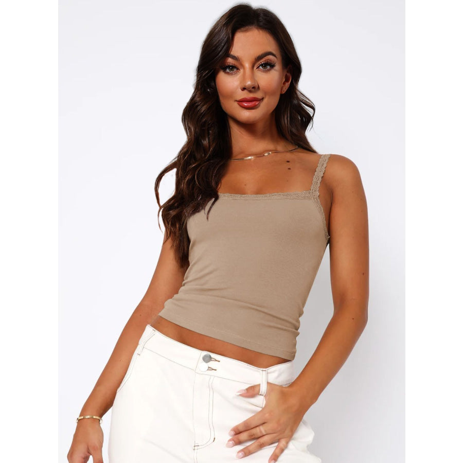 Lace Trim Straight Neck Cami Tan / S