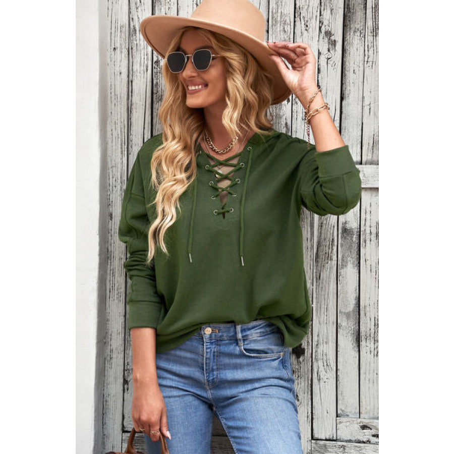 Lace - Up Dropped Shoulder Hoodie Apparel and Accessories