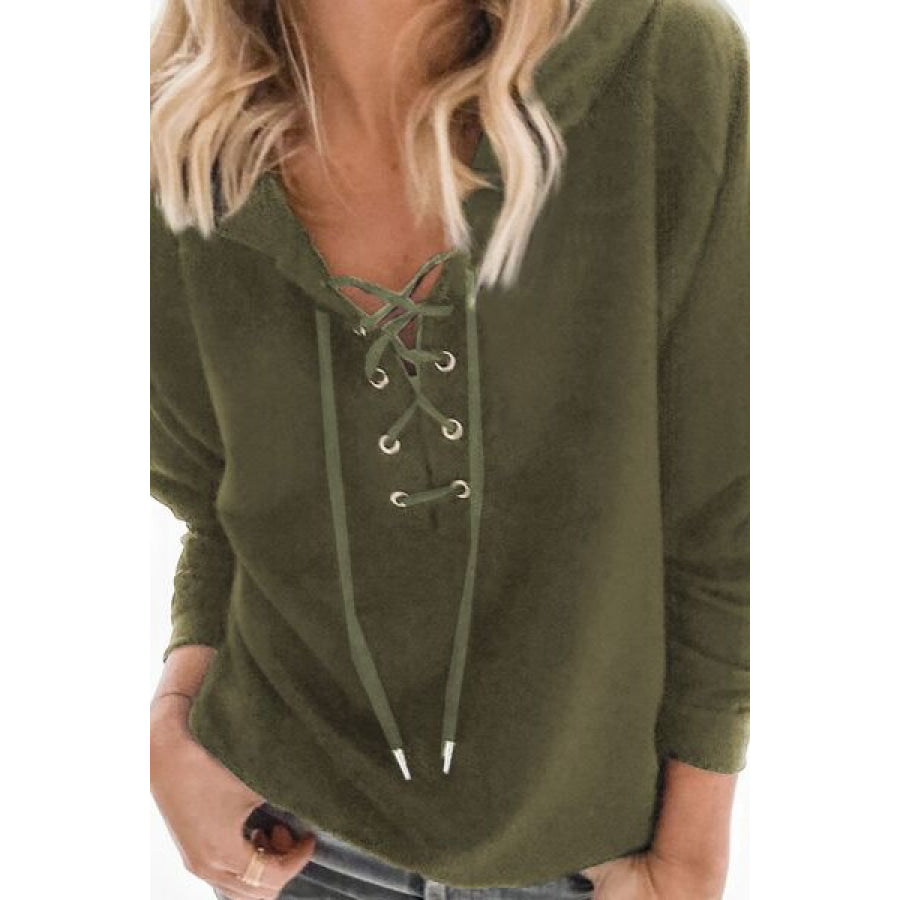 Lace - Up Dropped Shoulder Hoodie Apparel and Accessories