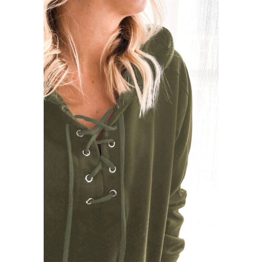 Lace - Up Dropped Shoulder Hoodie Apparel and Accessories