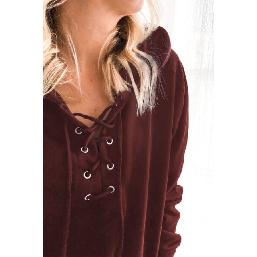 Lace - Up Dropped Shoulder Hoodie Apparel and Accessories