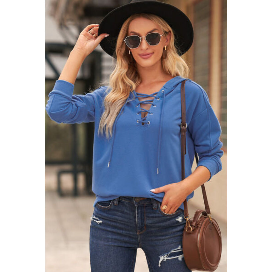 Lace - Up Dropped Shoulder Hoodie Apparel and Accessories