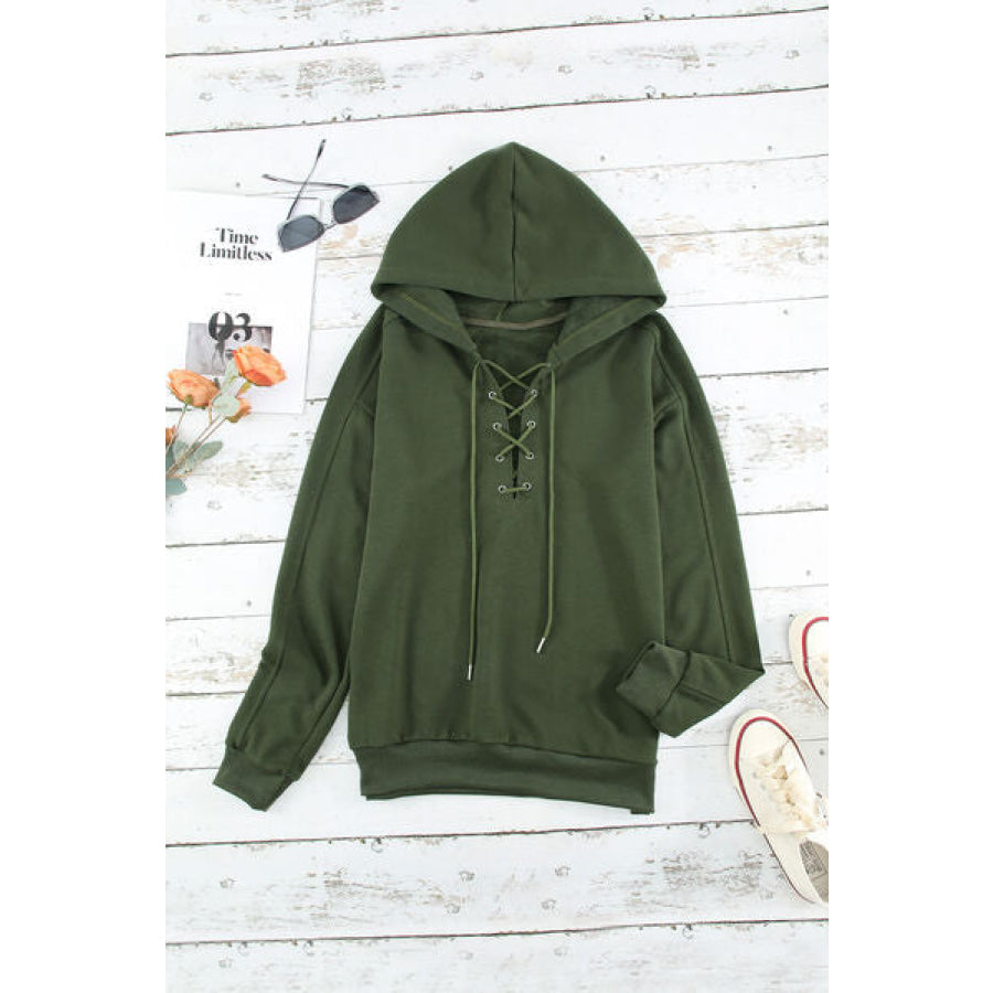 Lace - Up Dropped Shoulder Hoodie Apparel and Accessories