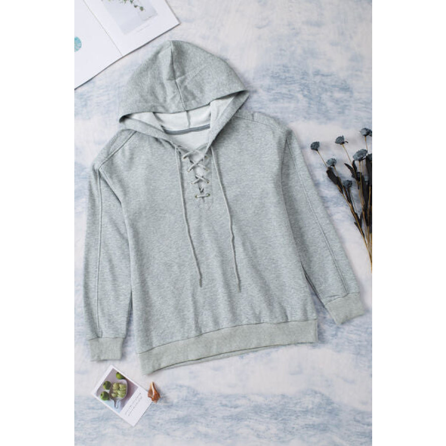 Lace - Up Dropped Shoulder Hoodie Apparel and Accessories