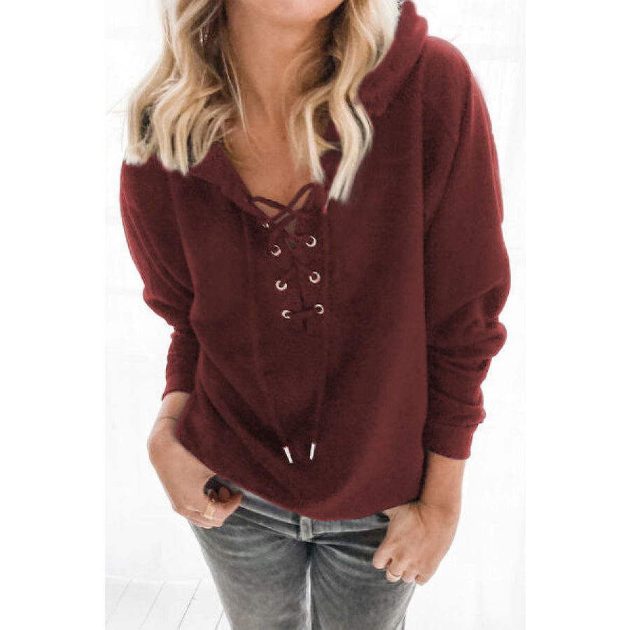 Lace - Up Dropped Shoulder Hoodie Apparel and Accessories