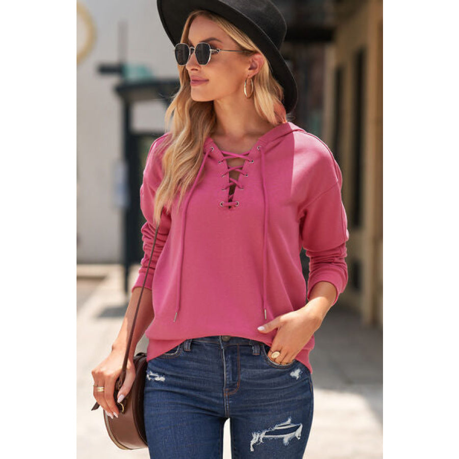 Lace - Up Dropped Shoulder Hoodie Apparel and Accessories