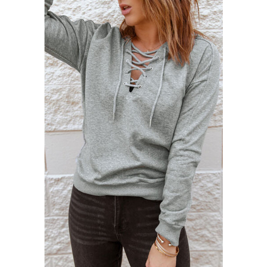 Lace - Up Dropped Shoulder Hoodie Apparel and Accessories