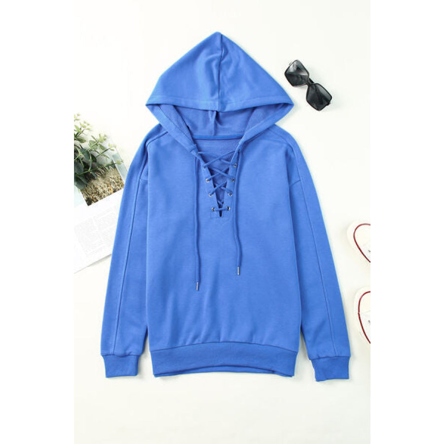 Lace - Up Dropped Shoulder Hoodie Apparel and Accessories