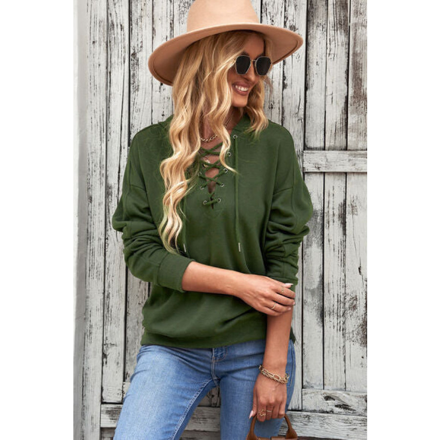 Lace - Up Dropped Shoulder Hoodie Apparel and Accessories