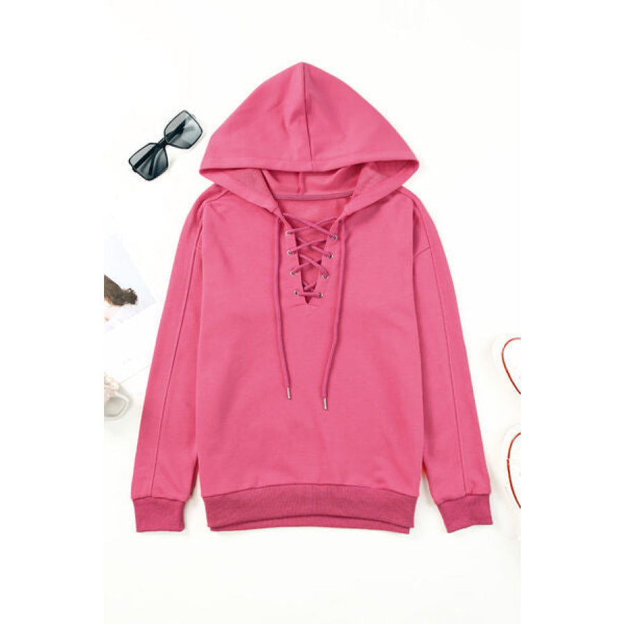 Lace - Up Dropped Shoulder Hoodie Apparel and Accessories